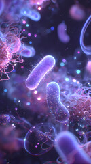 Probiotic bacteria inside the human gut with glowing microbes, cinematic scene of probiotic bacteria inside the human gut, vivid visualization of probiotic bacteria inside the human gut research