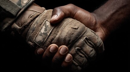 Fototapeta premium Close up hands shaking military gloves