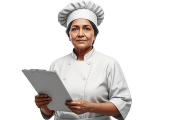 Professional female chef holding clipboard restaurant kitchen staff culinary expert isolated on transparent background
