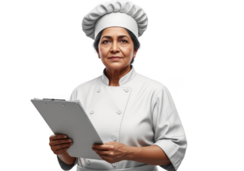 Professional female chef holding clipboard restaurant kitchen staff culinary expert isolated on transparent background