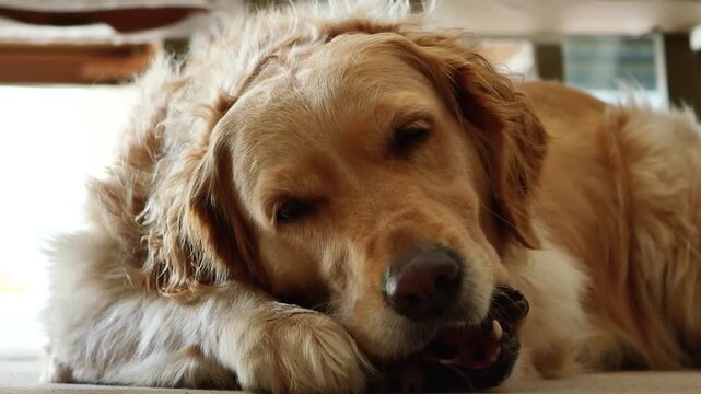A close up of a Golden Retriever lying down while chewing on a delicious and healthy dog treat keeping the pet occupied and happy