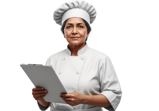 Professional female chef holding clipboard restaurant kitchen staff culinary expert isolated on transparent background