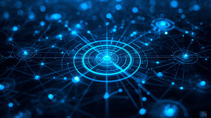 The text describes a futuristic digital network with glowing blue nodes, thin lines, circular tech patterns, and geometric rings, accompanied by a neon cyber grid and high-tech data visualization.