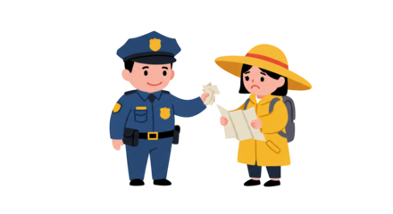 Police Officer Helping Lost Tourist illustration featuring searching, safety, information, paper, raincoat, assistance concept design