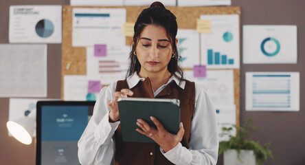 Scroll, tablet and business woman in office for seo specialist, kpi tracking or research analyst. Growth chart, performance report or online campaign with female person in agency for data analysis