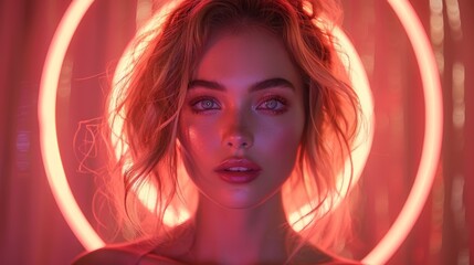 A young woman poses, bathed in the ethereal glow of a ring light, accentuating her striking features and gaze.
