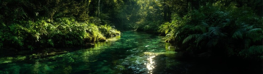 Fototapeta premium Serene river flowing through forest hdr panorama