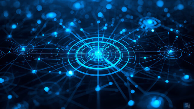 The text describes a futuristic digital network with glowing blue nodes, thin lines, circular tech patterns, and geometric rings, accompanied by a neon cyber grid and high-tech data visualization.