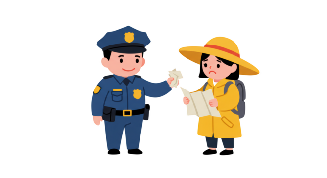 Police Officer Helping Lost Tourist illustration featuring searching, safety, information, paper, raincoat, assistance concept design