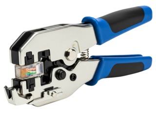 Network cable crimping tool for modular plug connectors on a transparent background