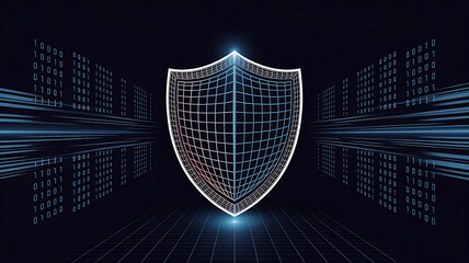 Digital shield protecting futuristic cityscape with glowing lines and data streams representing cybersecurity