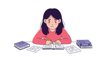 Sad Girl Studying Stressed Student Overwhelmed with Homework illustration featuring reading, notebook, vector, focus, papers,