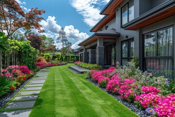 A luxurious suburban home on a sunny summer day, featuring a well-manicured lawn and vibrant flowerbeds.