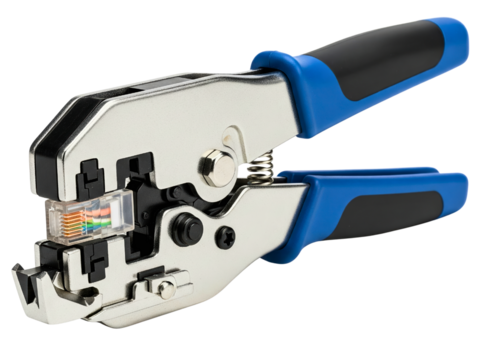 Network cable crimping tool for modular plug connectors on a transparent background
