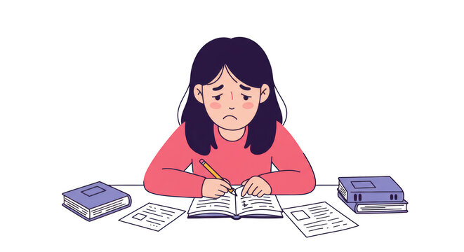 Sad Girl Studying Stressed Student Overwhelmed with Homework illustration featuring reading, notebook, vector, focus, papers,