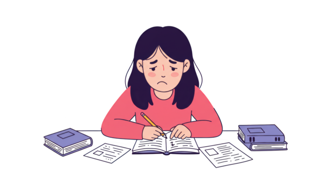 Sad Girl Studying Stressed Student Overwhelmed with Homework illustration featuring reading, notebook, vector, focus, papers,