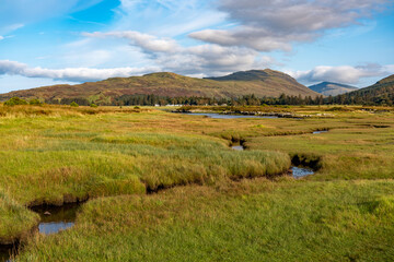 Gezeitenlandschaft bei Salen Bay, Isle of Mull – mit Tümpeln, sumpfigem Küstenvorland und Blick...