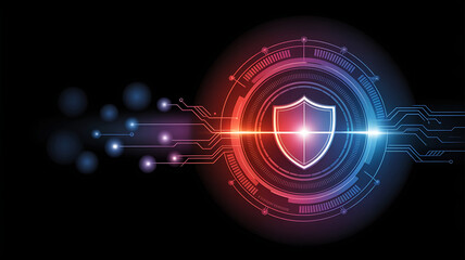 Digital shield protecting against cyber threats with glowing neon circuits and data streams on black background