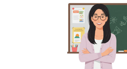 Smiling Female Teacher in Classroom illustration featuring woman, arms crossed, high school, student, smile, pen