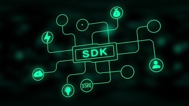 Neon Green SDK Network Diagram on Dark Blurred Background Software Development Kit programming
