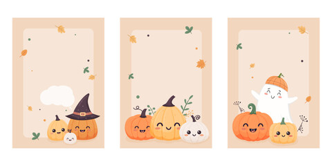 Cute Halloween template designs with pumpkins, ghost, leaves on beige background. Autumn season
