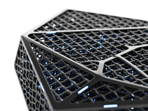 Futuristic black mesh cube with glowing blue internal lights on a transparent background