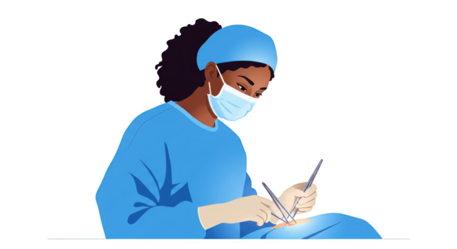 Surgeon Performing Surgical Procedure with Instruments illustration featuring health, mask, saving, african, clinic, anatomy concept design for