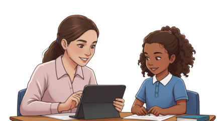 Teacher and Student Using Digital Tablet illustration featuring child, knowledge, engagement, online education, online learning, digital literacy concept