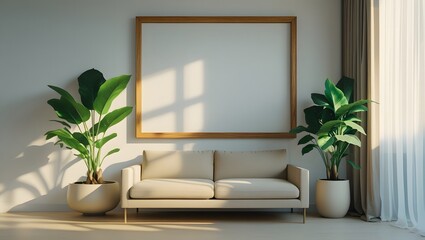 Modern Beige Sofa, Large Wooden Frame Mockup, Sunlit Living Room, Minimalist Interior Design, Tropical Plants
