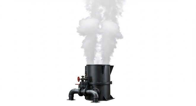 Vapeur dense s'echappe d'une machine industrielle sombre eclairage net. AI Generated