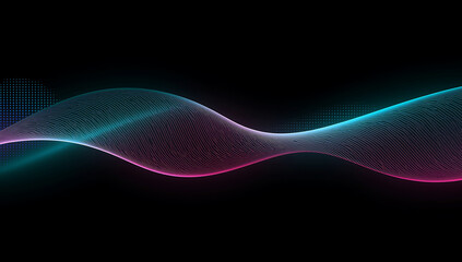 Abstract glowing digital wave of particles and light in neon pink and cyan colors on a dark background