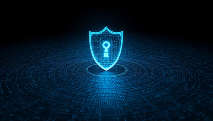 Futuristic neon blue shield with key symbol represents digital security and data protection