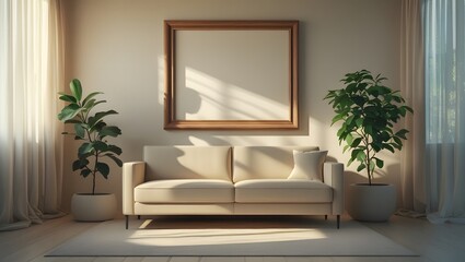 Modern Beige Sofa, Wooden Frame Mockup, Sunlit Living Room, Minimalist Plants, Calm Interior Design