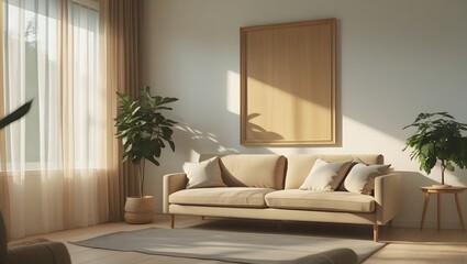 Modern Beige Sofa, Wooden Frame Mockup, Sunlit Living Room, Minimalist Interior Design, Calm Atmosphere.