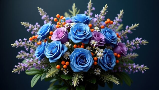 Beautiful blue and purple roses with berries and greenery - Powered by Adobe