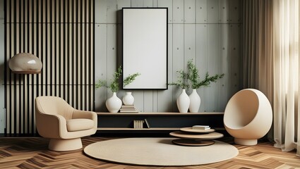 Modern minimalist living room interior: neutral tones,  wooden floors,  statement chairs, and blank canvas artwork.