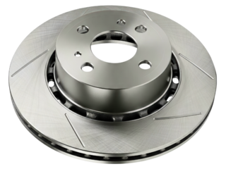 Slotted car brake disc rotor for high-performance vehicles on a transparent background