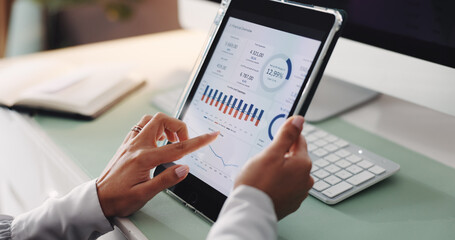 Hands, woman and tablet with graphs at house for accounting, analytics and finance balance. Person, digital screen and monitor with analysis, financial overview and profit growth for risk management