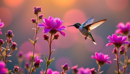 Naklejka premium Serene Hummingbird with Pink Flowers Dusk