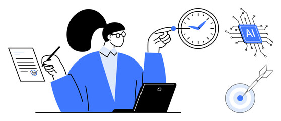 Woman working on a laptop, managing time on a clock, AI chip symbolizing technology, target and document for strategy. Ideal for innovation, productivity, planning, AI, goals management technology