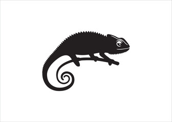 Black silhouette chameleon with coiled curled tail minimal animal vector.