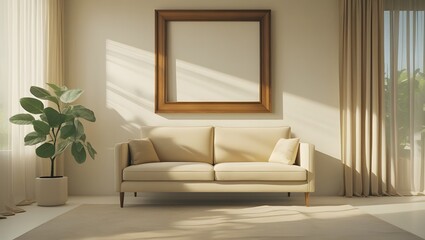 Serene Minimalist Living Room: Beige Sofa, Wooden Frame, Sunlight, Plant