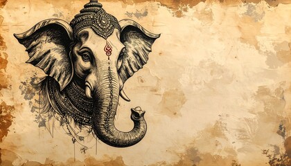 Vintage Ink Sketch of Lord Ganesha on Aged Parchment Paper