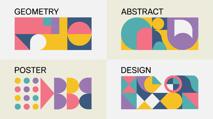 Vector art of geometry abstract poster design with colorful shapes and typography elements