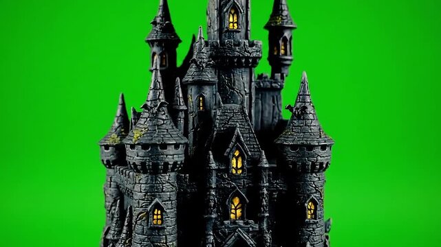 A detailed miniature model of a dark, spooky gothic castle with glowing windows against a green screen.