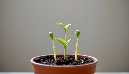Potted Plant with Three Sprouting Seedlings Neutral Background
