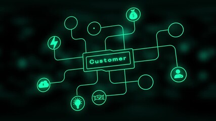 Abstract network diagram with central ' Customer' node and connected circles on dark blurred background
