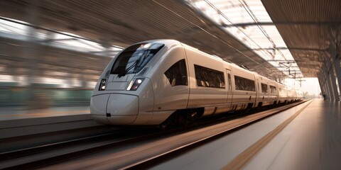 Fototapeta premium Modern electric train speeding through a sleek station with neutral background Image style Storytelling, meaning
