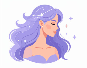 Dreamy astrological woman with long flowing purple hair and a celestial star constellation, a vector illustration for beauty and horoscope concepts