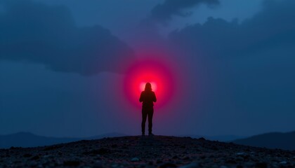 Obraz premium Solitary Figure with Glowing Heart Against Dusk Sky